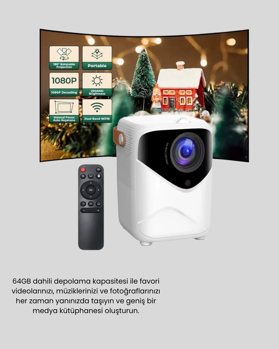 Taşınabilir Akıllı 1080P Projektör – 64GB Hafıza, 2GB RAM, Full HD Görüntü, Kumandalı