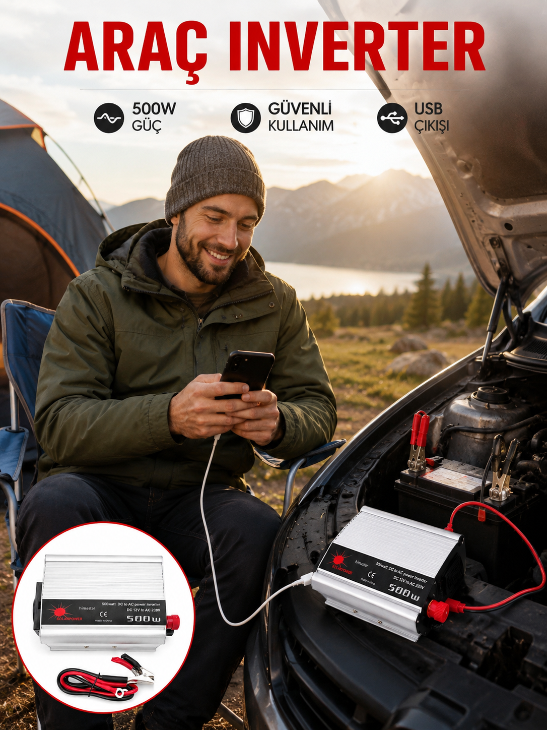 Araç İçi Elektrik Dönüştürücü 500W Priz İnvertör