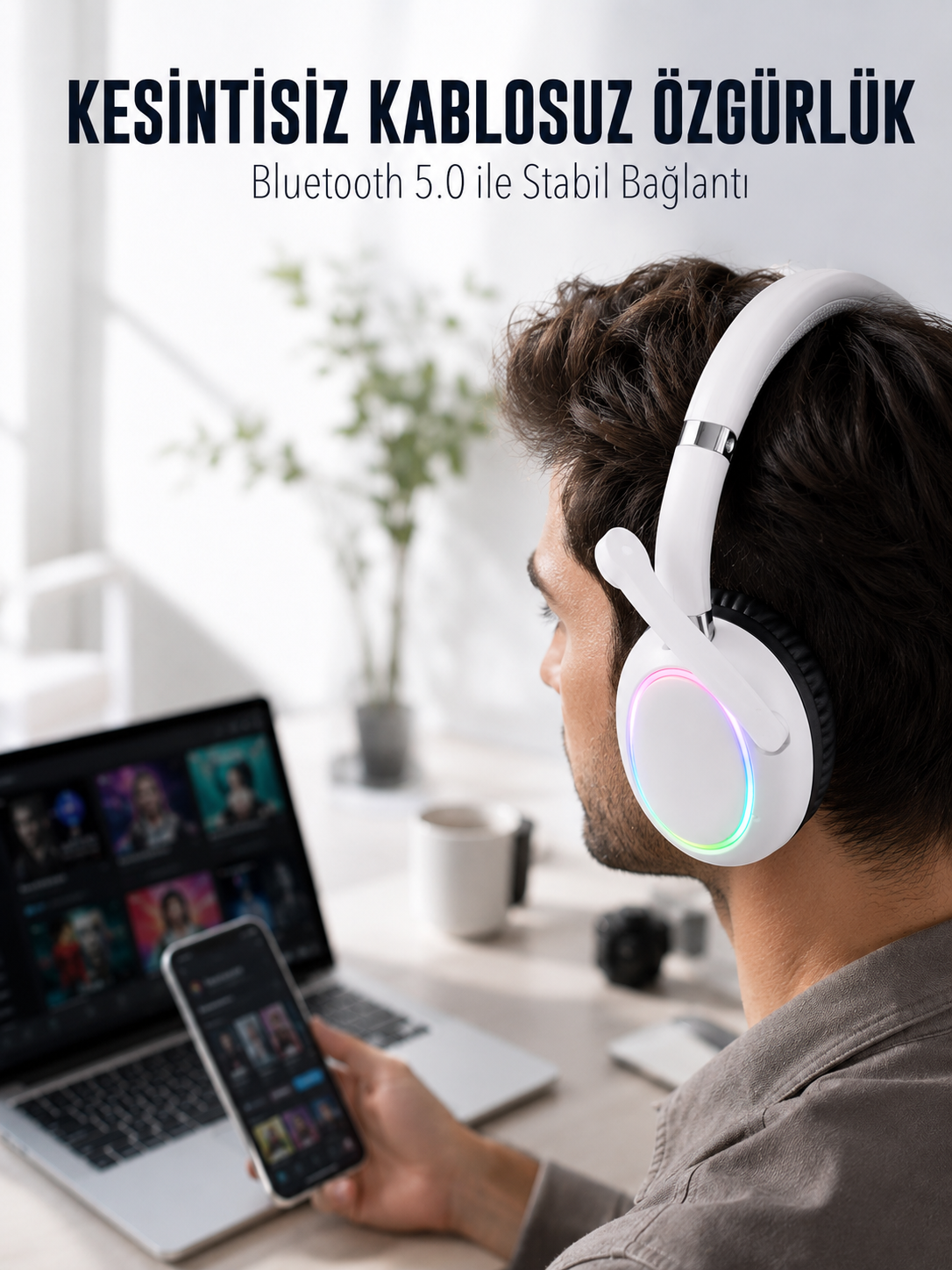 RGB Işıklı Mikrofonlu Bluetooth Kulaklık Beyaz Over-Ear Tasarım Type-C Şarjlı