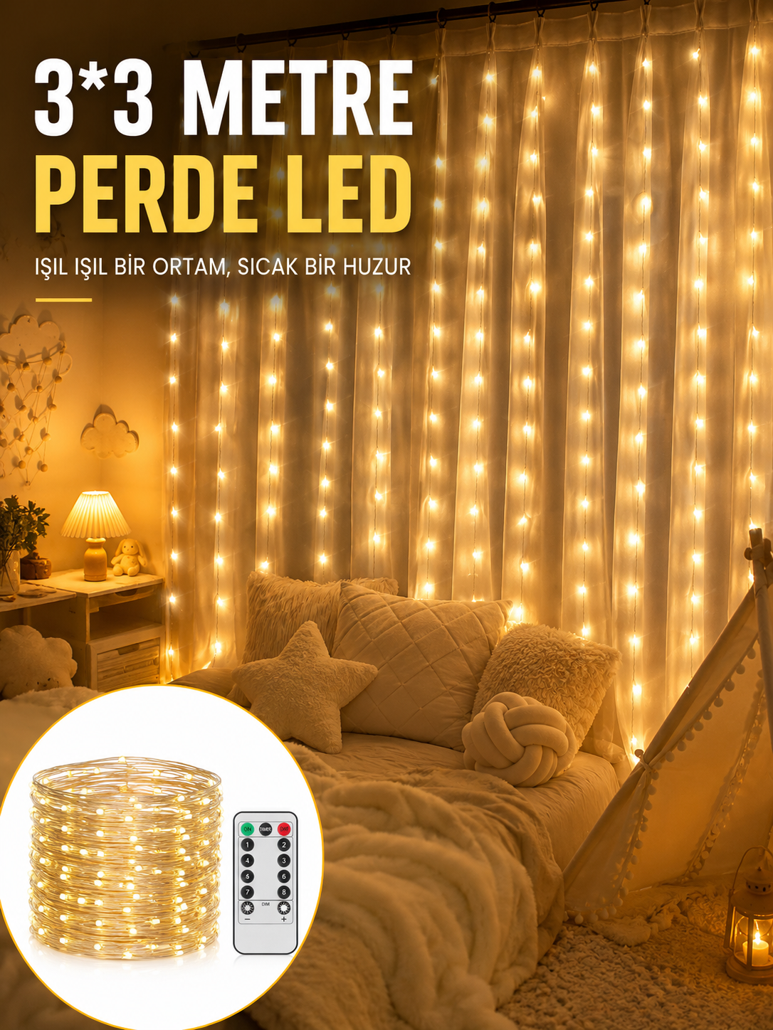 3x3 Metre Perde LED Işık – Parti ve Bahçe Dekorasyonu Yeni Nesil