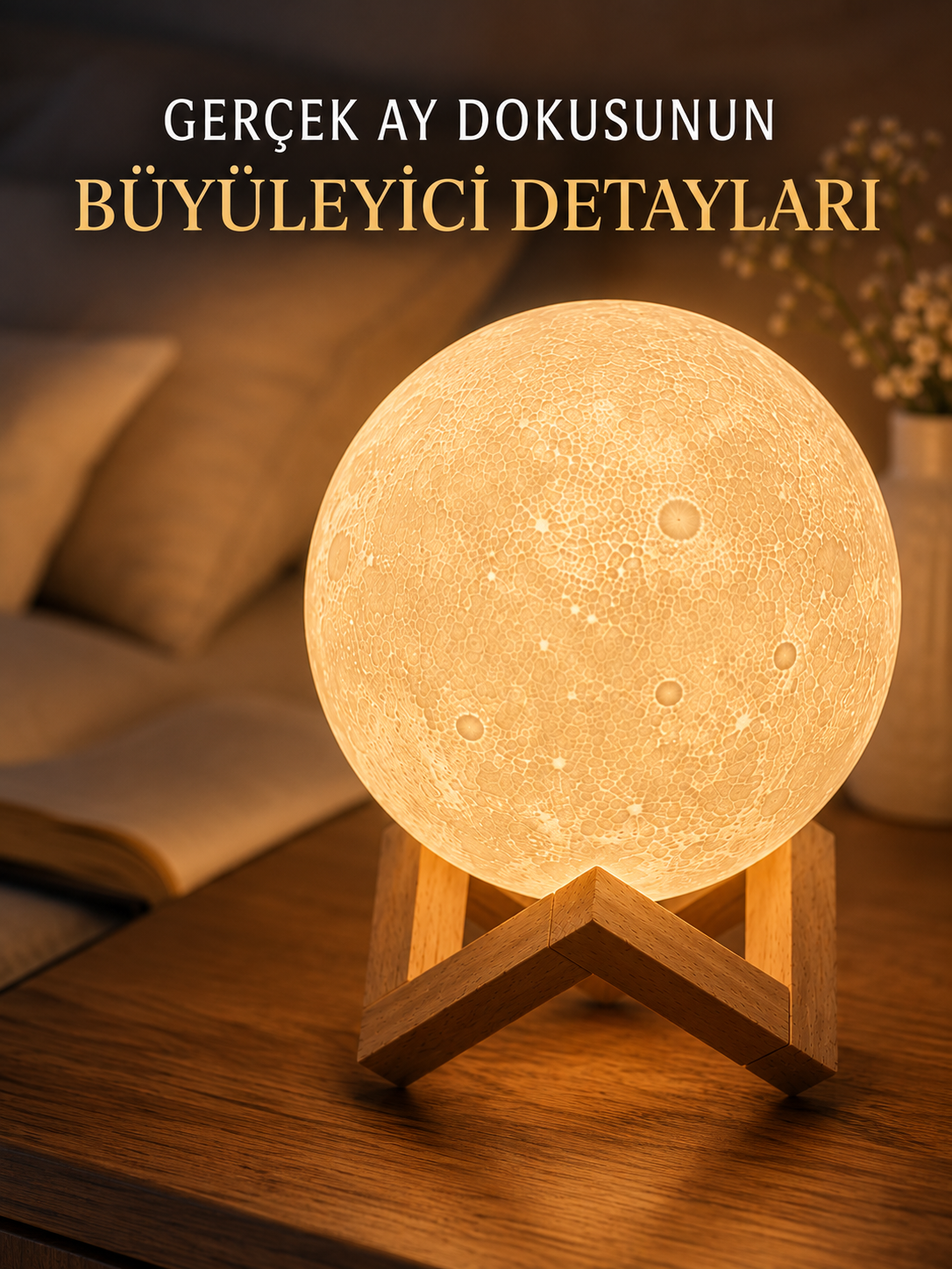 3D Ay Gece Lambası Ahşap Standlı Dekoratif LED Masa Lambası