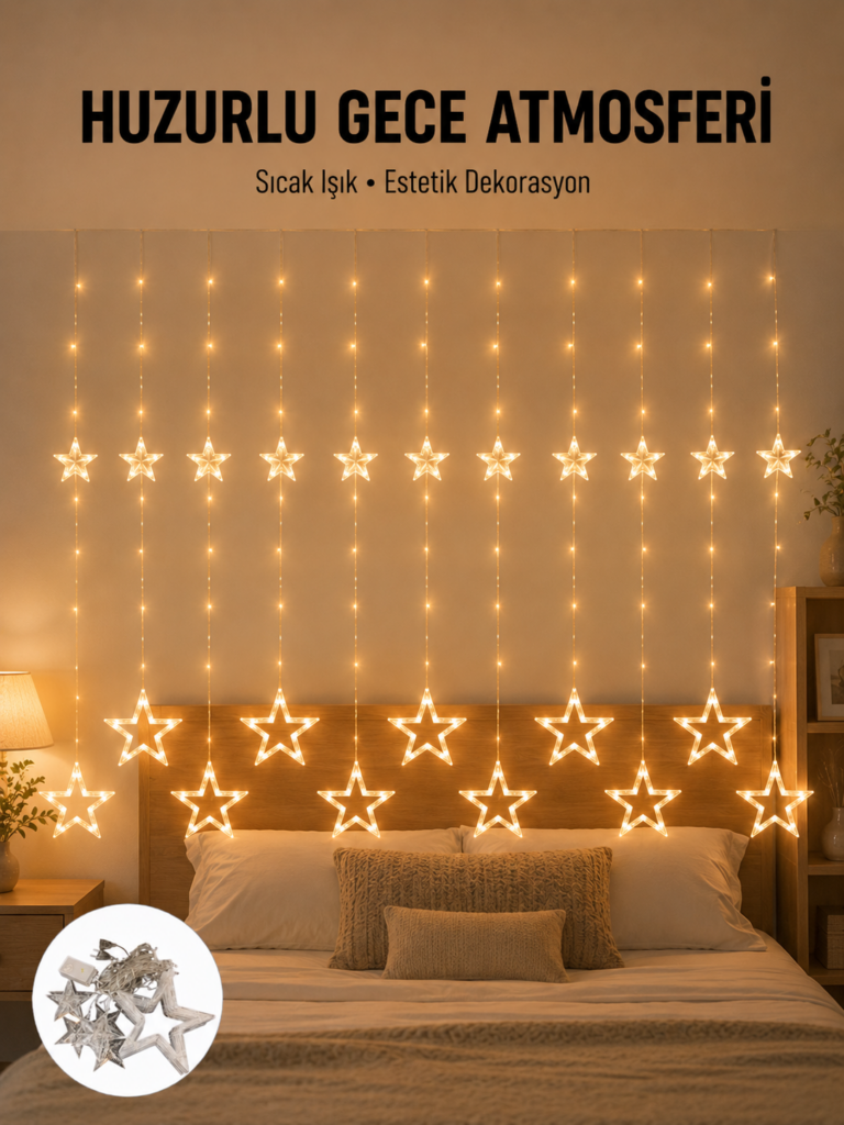 Yıldız Desenli Perde Tipi Peri Led 3x3 Metre Aydınlatma Yeni Nesil