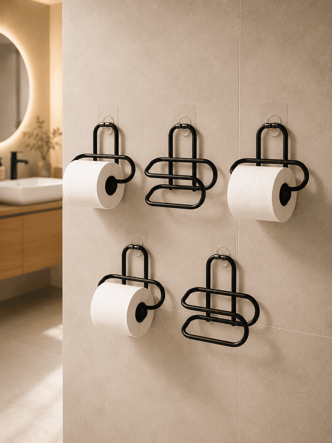 Siyah Metal WC Kağıtlık Yapışkanlı Tuvalet Kağıdı Rulo Tutucu 5 Adet Avantajlı Set