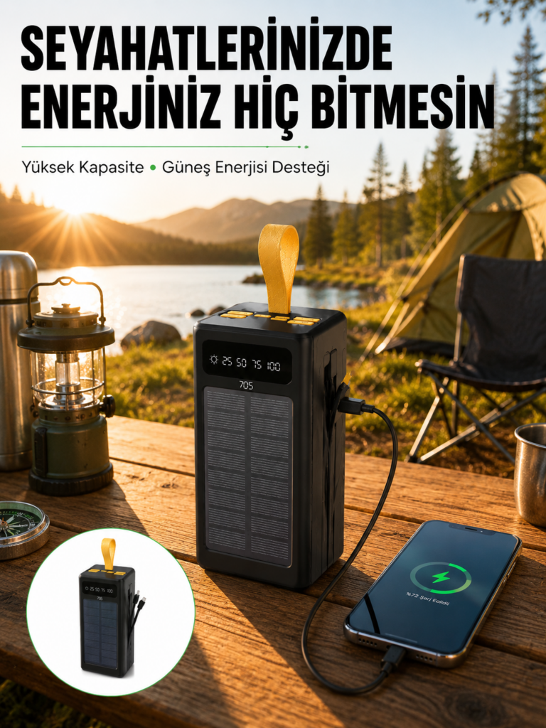 Taşınabilir Güneş Panelli Powerbank Çoklu Cihaz Şarj Destekli Yeni Nesil