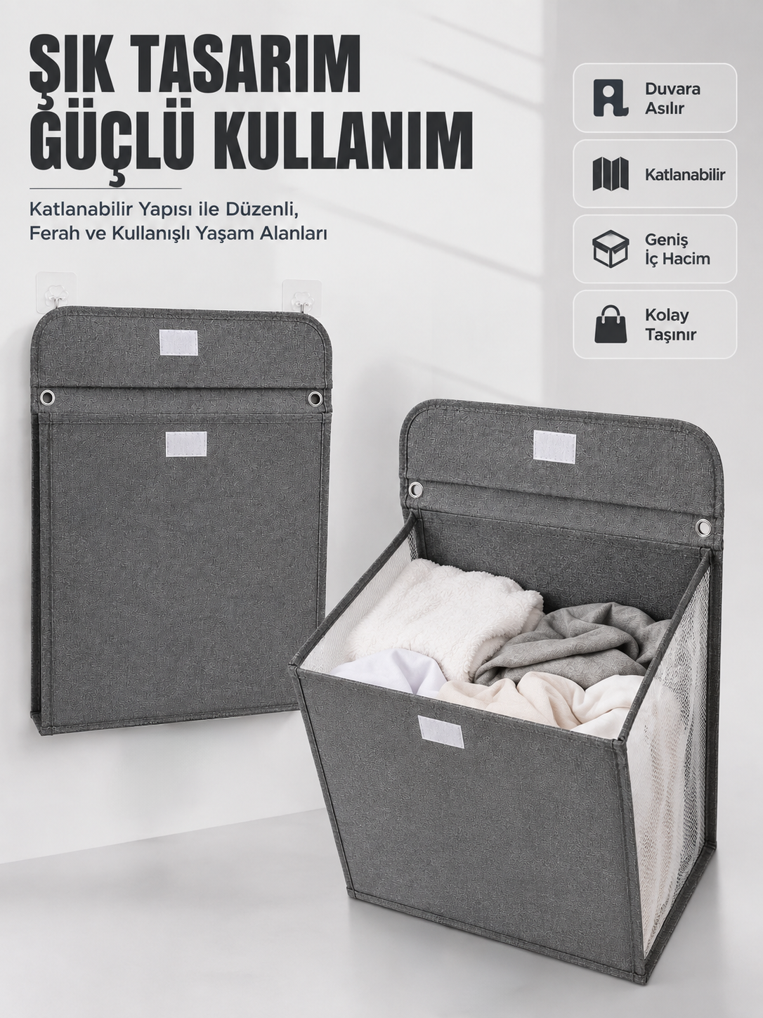 Duvara Asılabilir Katlanabilir Kirli Çamaşır Sepeti Geniş Hacimli Düzenleyici