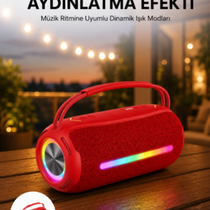 360 RGB LED'li Taşınabilir Bluetooth Hoparlör – Kırmızı, USB/TF Destekli
