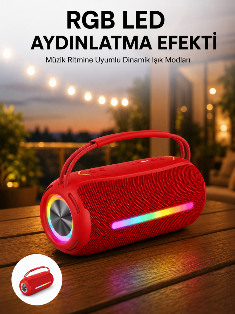 360 RGB LED'li Taşınabilir Bluetooth Hoparlör – Kırmızı, USB/TF Destekli