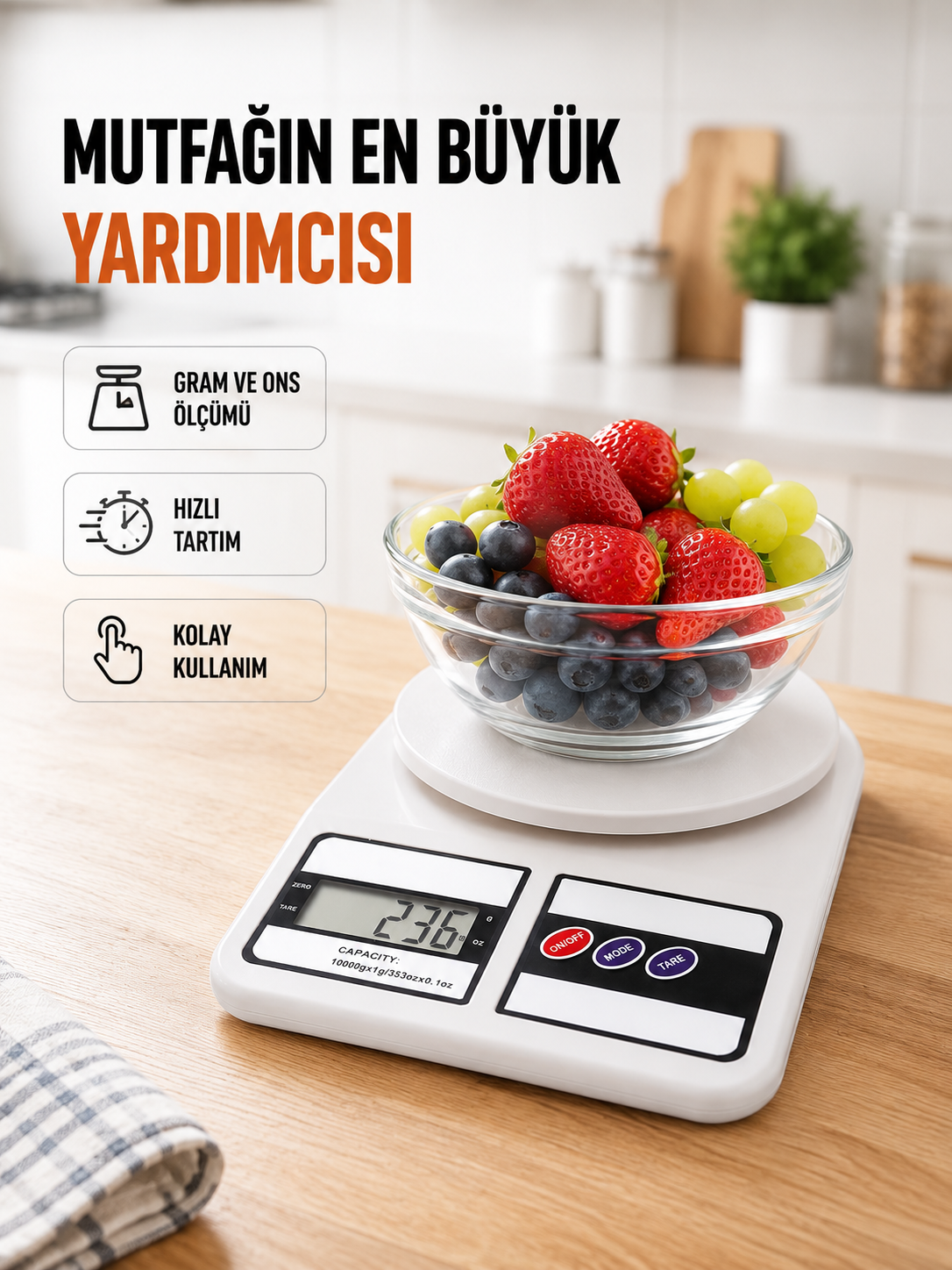 Beyaz Plastik Dijital Mutfak Tartısı – 24x16.8x1.5cm
