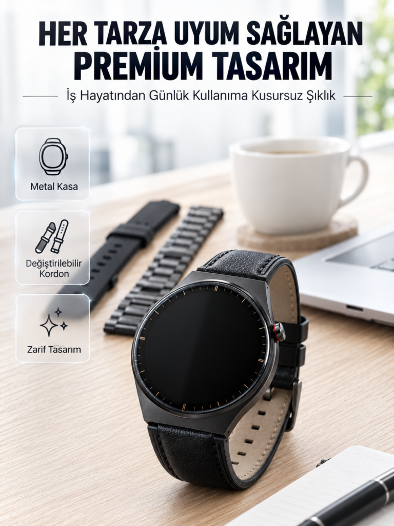 3 Kordonlu AMOLED Ekran Bluetooth Aramalı Akıllı Saat Metal, Deri ve Silikon Kordon Seti