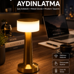 Altın Rengi Masa ve Gece Lambası Dokunmatik Şarjlı Masa Lambası