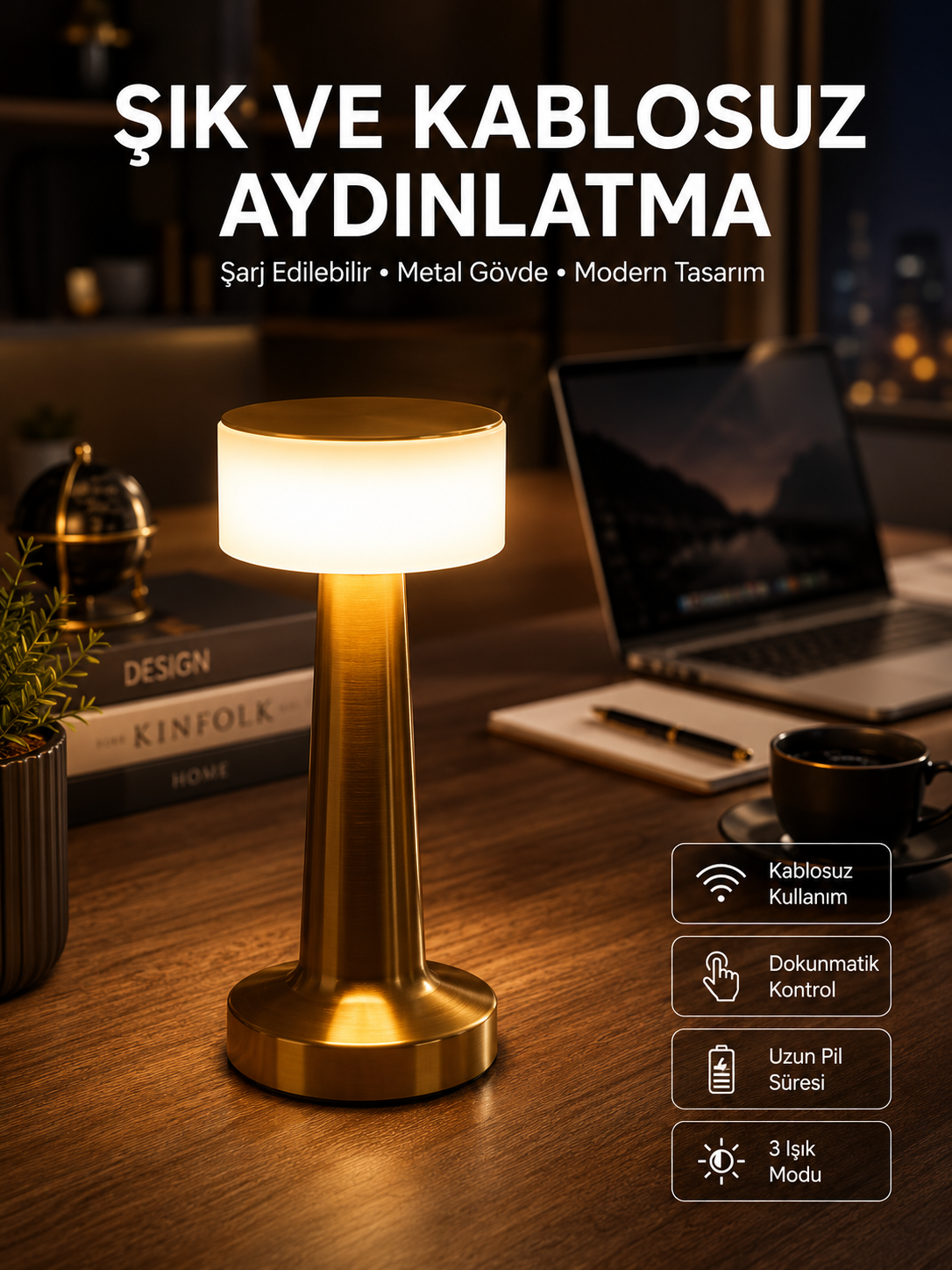 Altın Rengi Masa ve Gece Lambası Dokunmatik Şarjlı Masa Lambası