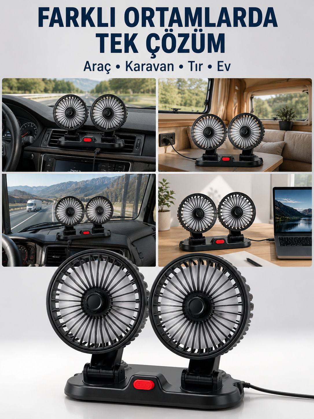 Araç, Karavan ve Tır İçin Çift Fanlı Mini Vantilatör