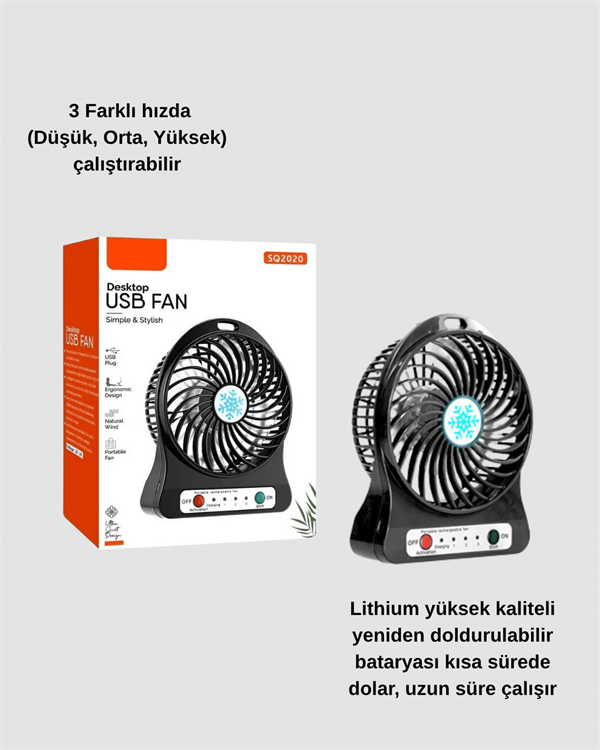 Şarjlı USB Fan – Masaüstü Mini Vantilatör, Taşınabilir, Işıklı, 3 Kademeli, Sessiz