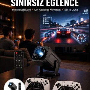 Çift Kollu Game Box Projeksiyon Cihazı Kumandalı Android Tv Dahili Hoparlör Yeni Nesil