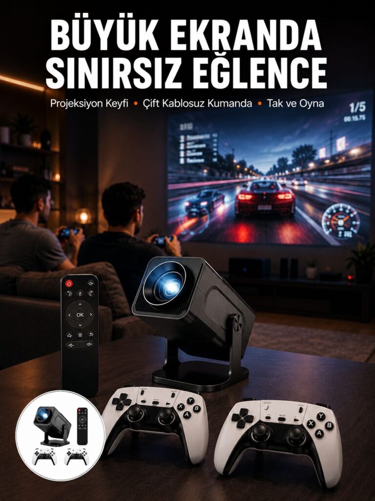 Çift Kollu Game Box Projeksiyon Cihazı Kumandalı Android Tv Dahili Hoparlör