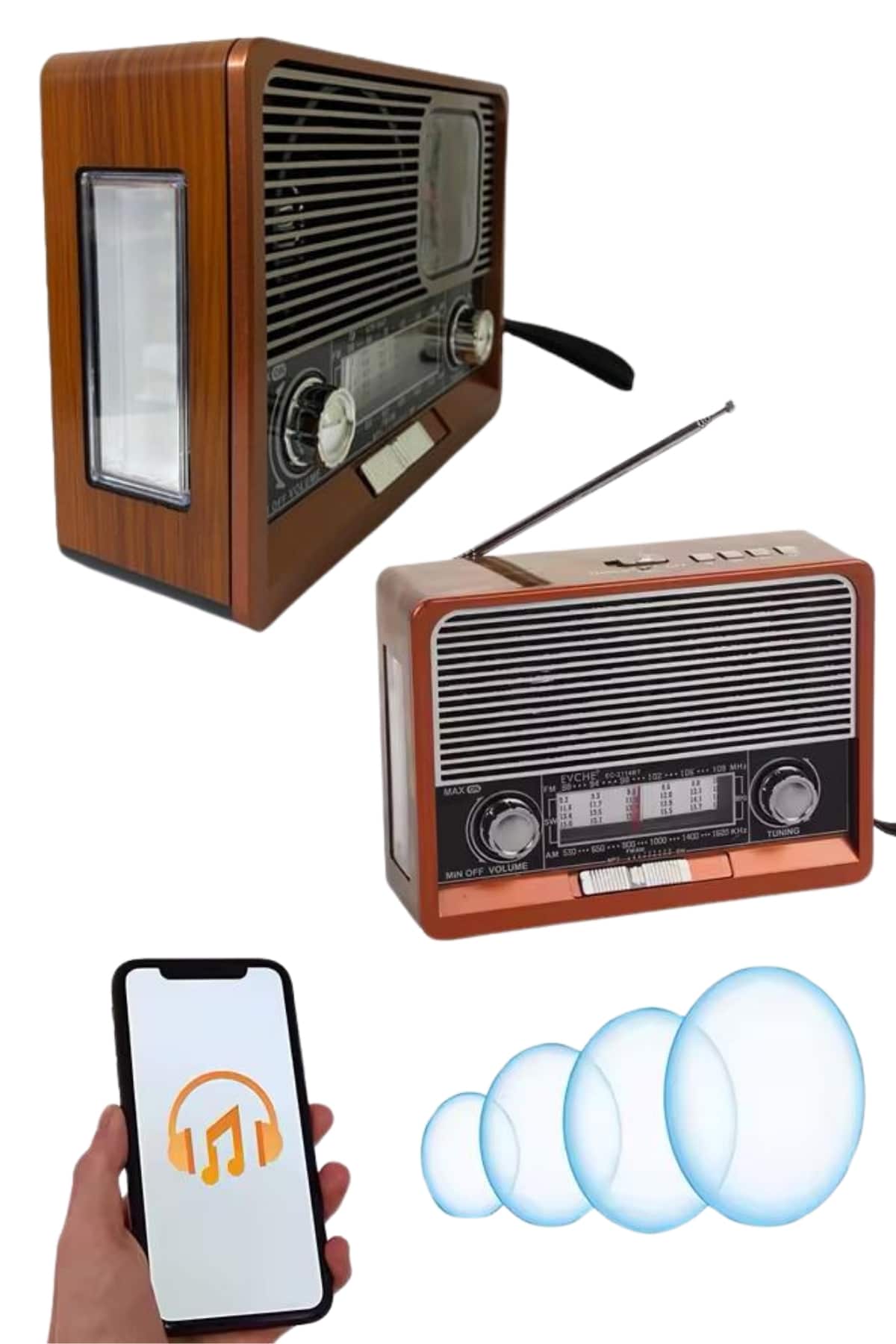 Saatli Fenerli Bluetooth Nostaljik Radyo AUX SD USB Girişli Bluetooth Hoparlör