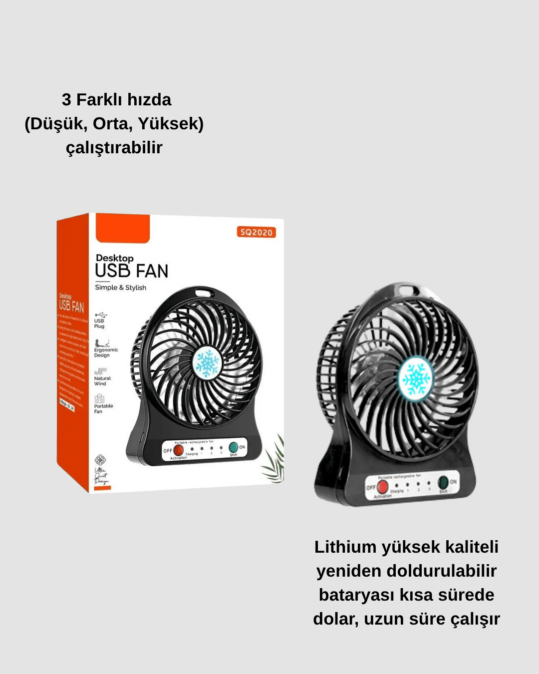 Mini USB Fan – Şarj Edilebilir, Işıklı, 3 Kademe, Taşınabilir Masaüstü Vantilatör