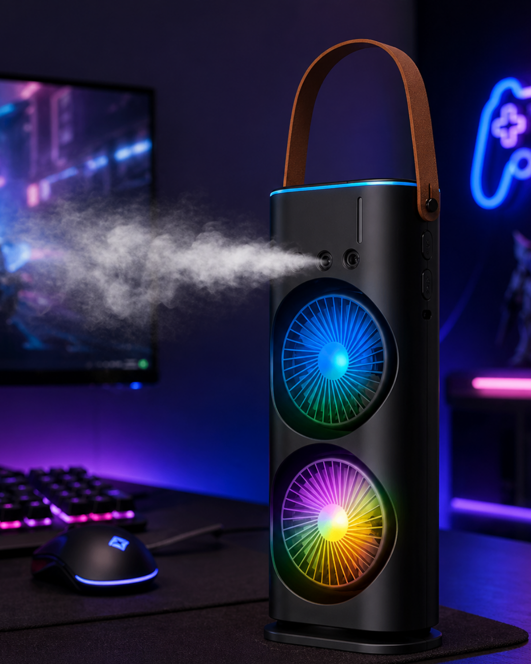 RGB Işıklı Spreyli Masa Fanı Çift Motorlu Güçlü Üflemeli Taşınabilir Fan
