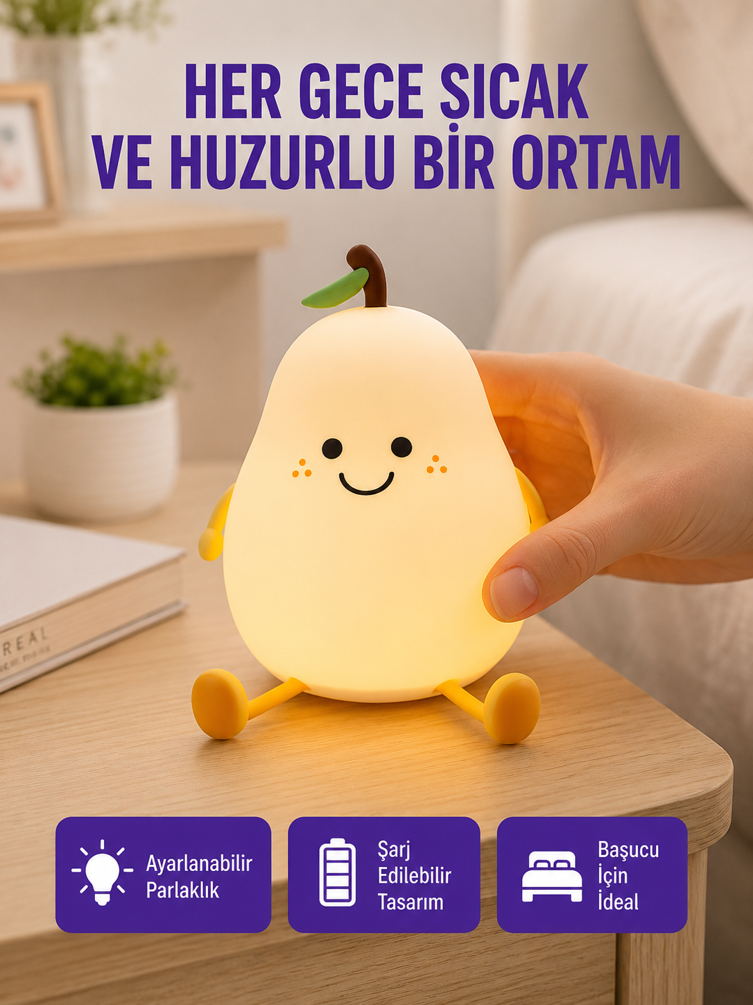 USB Şarjlı Armut Gece Lambası Dokunmatik Renk Değişimli
