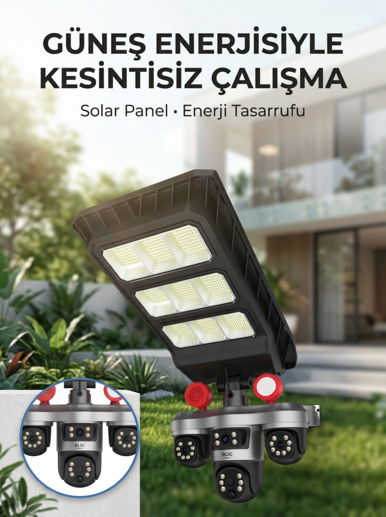 Solar Panelli Akıllı Güvenlik Kamerası LED Projektörlü