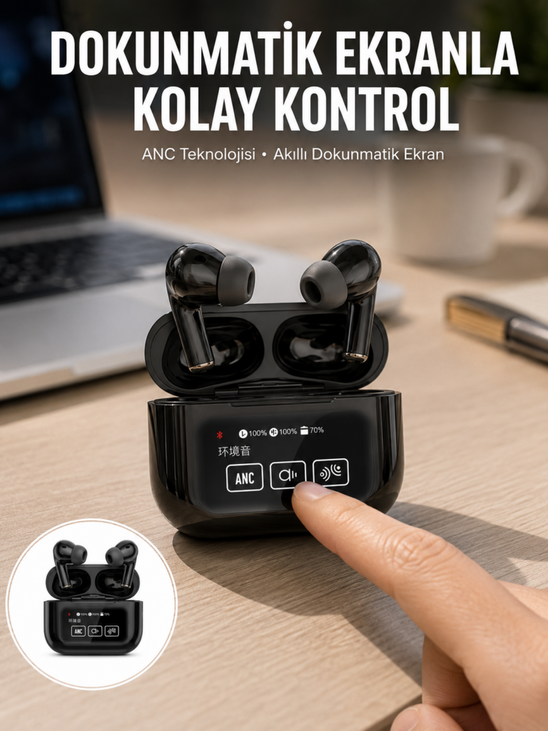 Yeni Nesil ANC Özellikli Çağrı Cevaplayan Dokunmatik Ekranlı Bluetooth Kulaklık Siyah Yeni Nesil