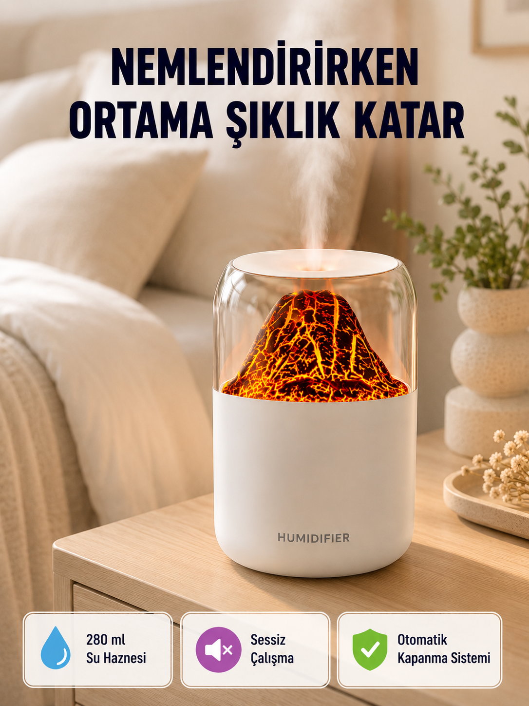 Alev Efektli Ultrasonik Uçucu Yağ Difüzörü 280ml Su Tanklı ve Sessiz Çalışma Özellikli
