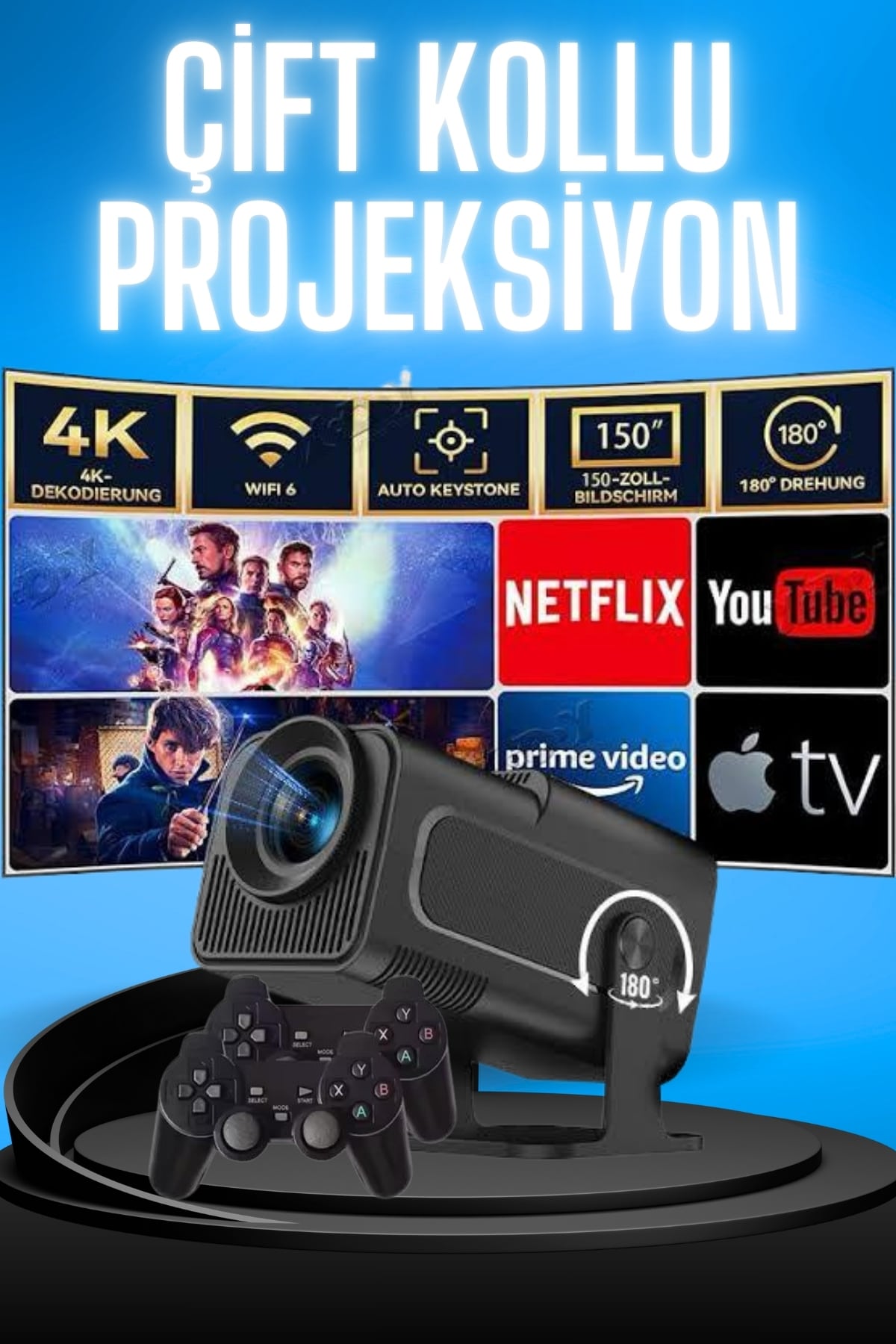 Projektör Siyah Android Taşınabilir Sinema Projeksiyon Wifi Destekli En Güncel Sürüm Akıllı