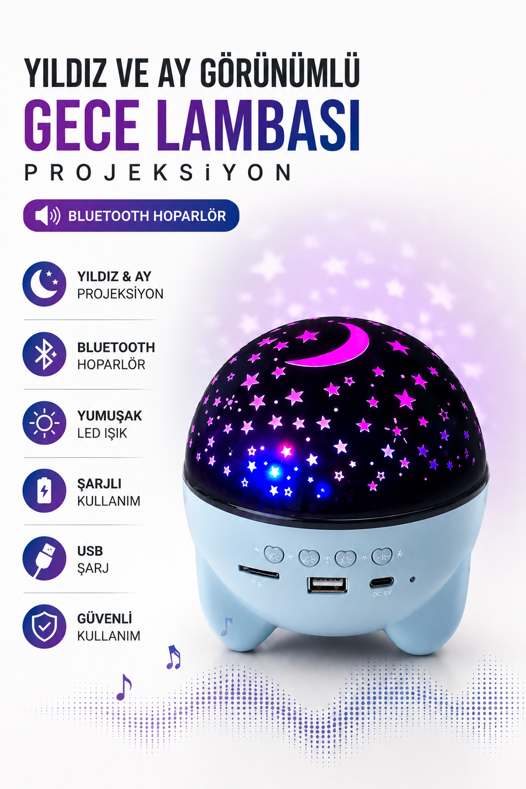 Gökyüzü Temalı Bluetooth Ve Hoparlörlü Şarjlı Çocuk Gece Lambası