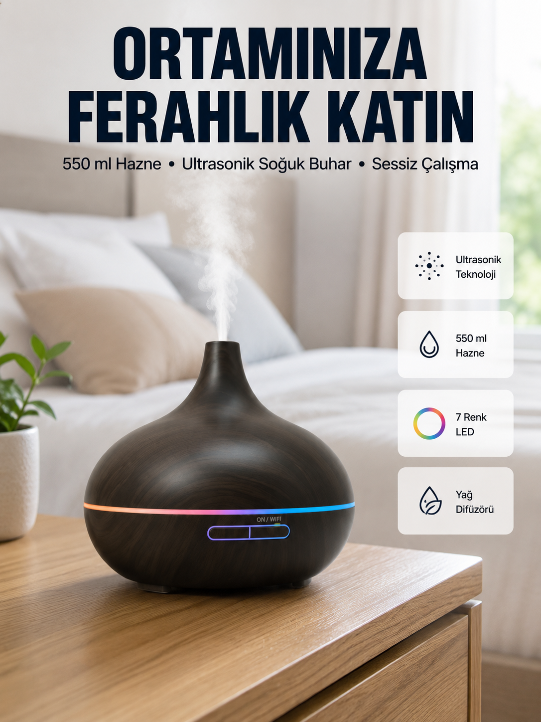 BN01 Uçucu Yağ Uyumlu Renkli LED Işıklı Nemlendirici