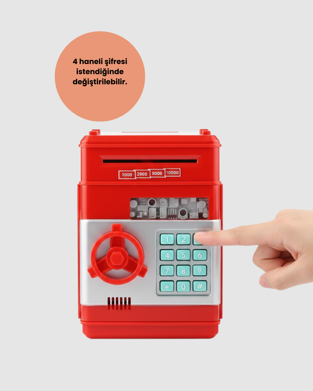 Şifreli Kırmızı ATM Tasarımlı Çelik Kasa Görünümlü Kumbara