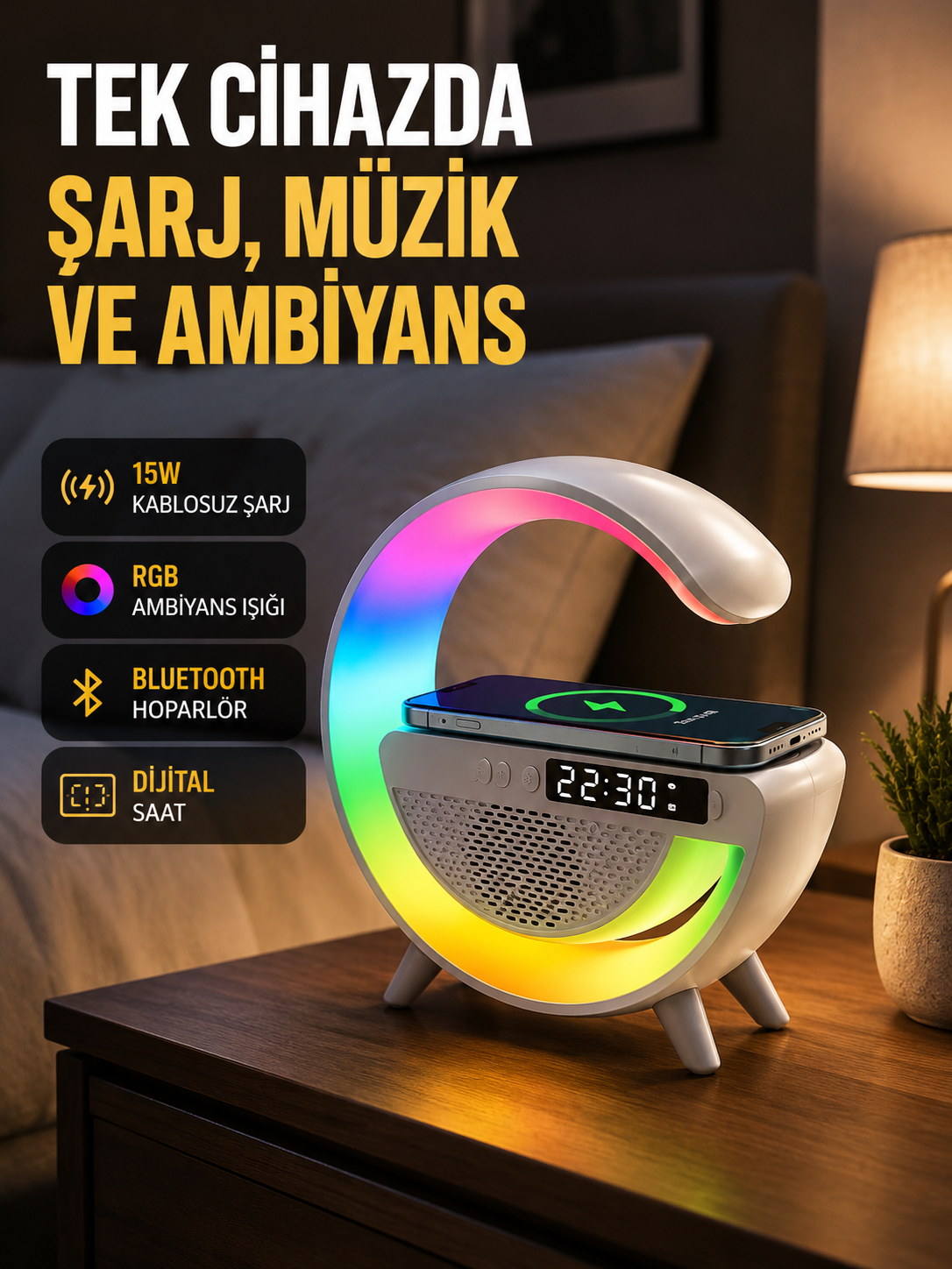 2025 Model 15W Kablosuz Şarjlı Renkli Atmosfer Lambası