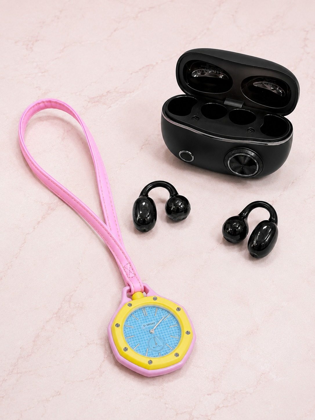 Kablosuz Kulaklık Seti ve Pembe Askılı Analog Charm Saat Günlük Kullanım Kampanyası