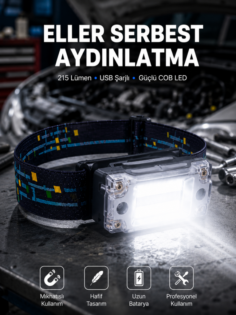 Kompakt LED Kafs Feneri USB Şarjlı Manyetik 2 Işık Modlu 215 Lümen Yeni Nesil
