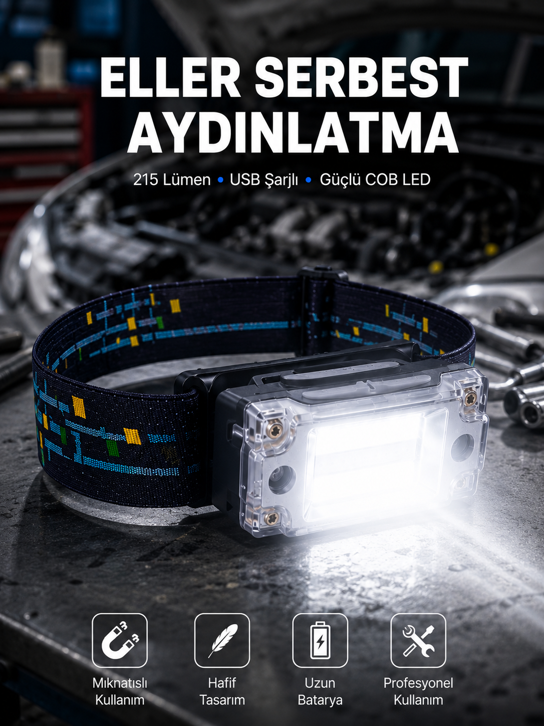 Kompakt LED Kafs Feneri USB Şarjlı Manyetik 2 Işık Modlu 215 Lümen Yeni Nesil