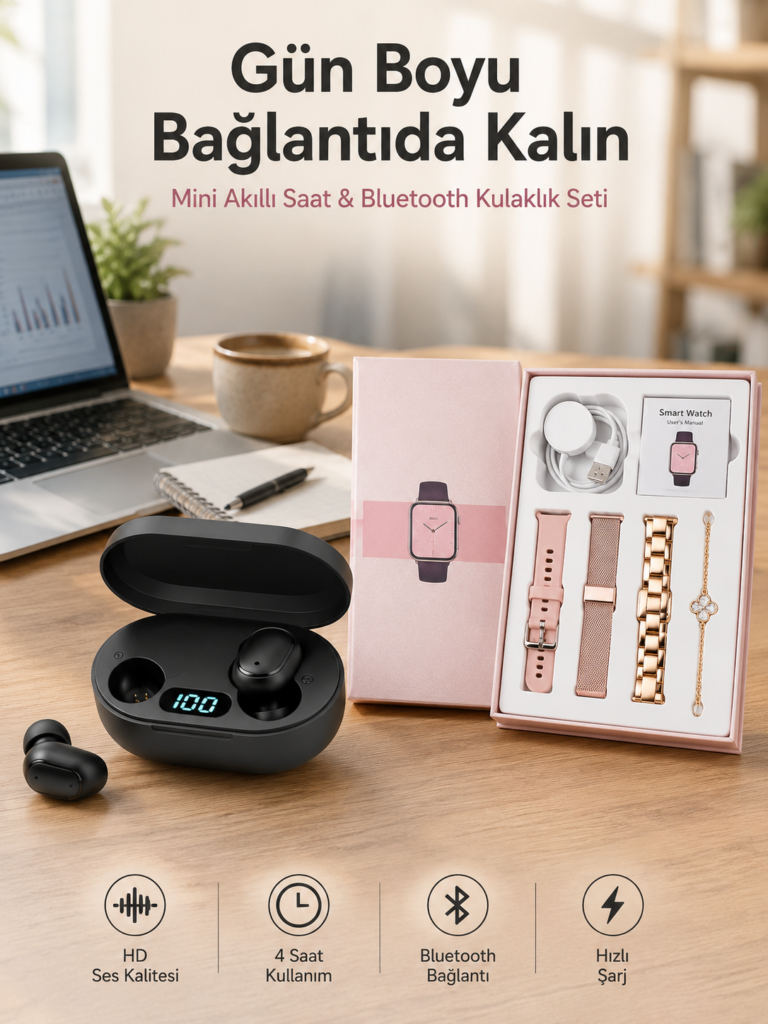 Nabız Ölçer Hediye Bileklikli Akıllı Saat ve Dijital Göstergeli Bluetooth Kulaklık Çoklu Şarj Girişi