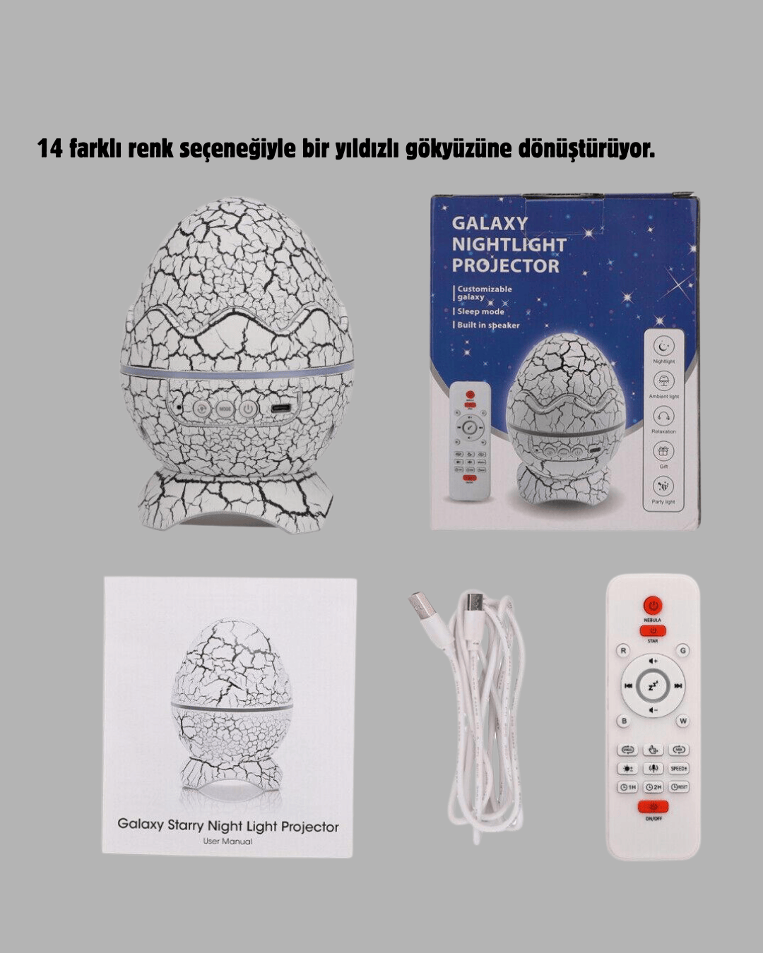 Yıldızlı Gökyüzü Dinozor Yumurta Projektör – Ayarlanabilir Parlaklık ve Hız
