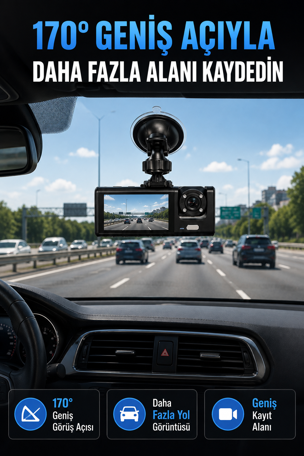 WiFi Destekli Araç İçi Kamera Çift Kameralı Full HD 1080P 170° Geniş Açılı Araç Kayıt Kamerası
