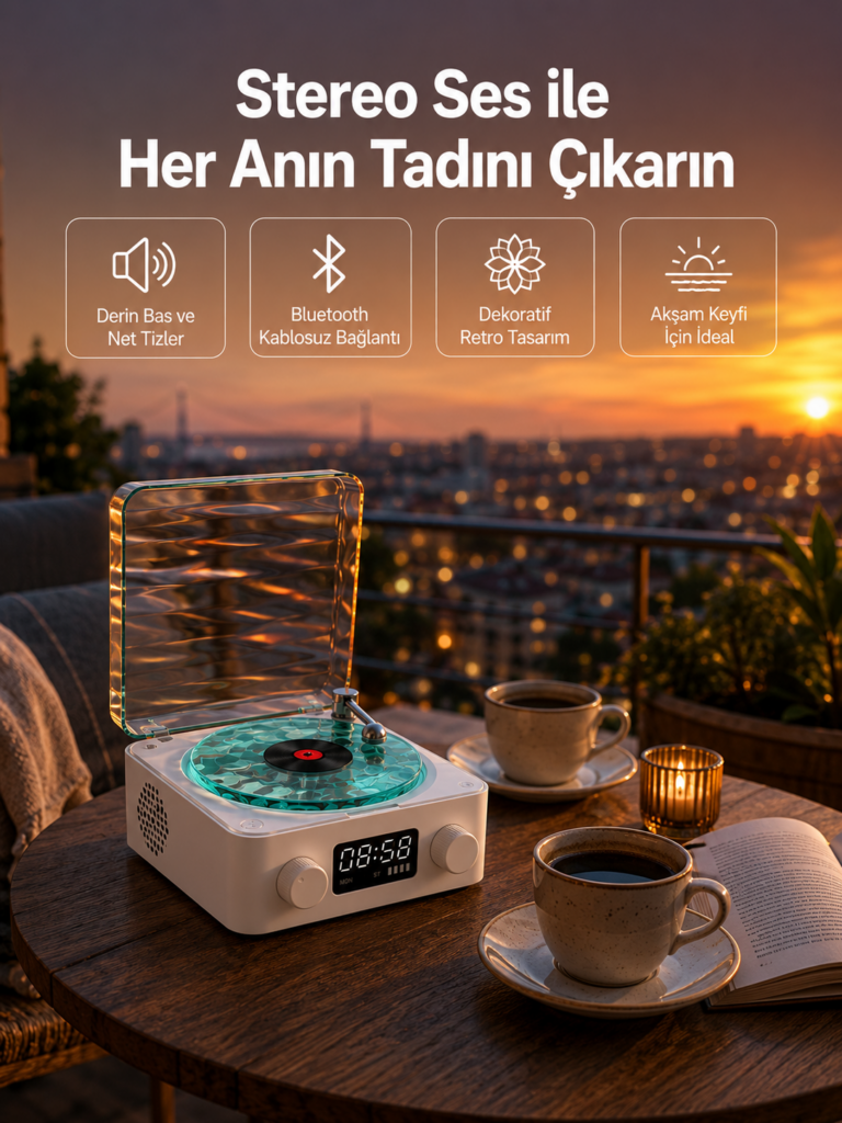 3-1 Kablosuz Bluetooth Hoparlör – Gece Lambalı, Saatli, Retro Tasarım