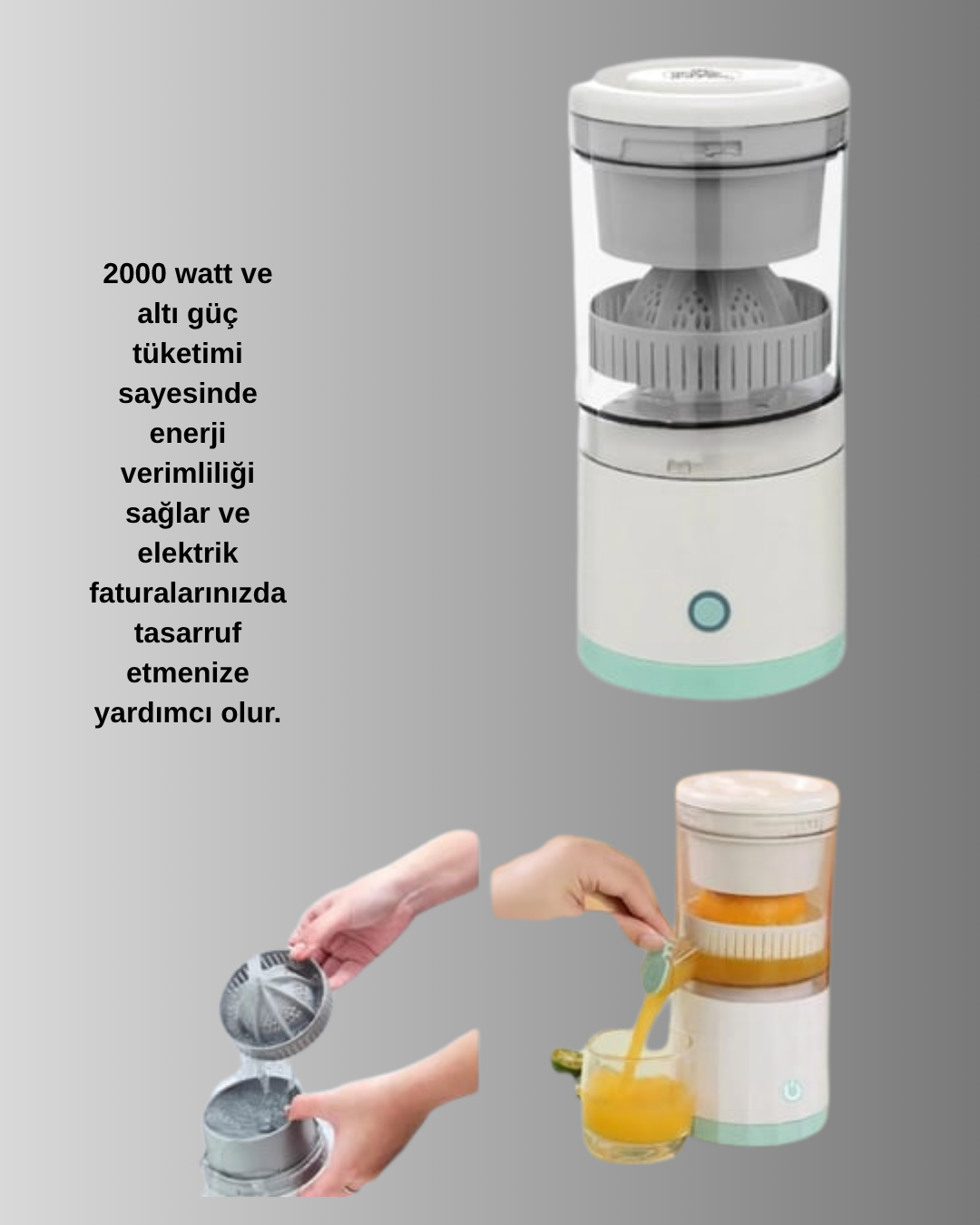 Taşınabilir Katı Meyve Sıkacağı – 45W Güçlü Motor, Çift Kesici Bıçak, USB Şarjlı ve Kompakt Tasarım