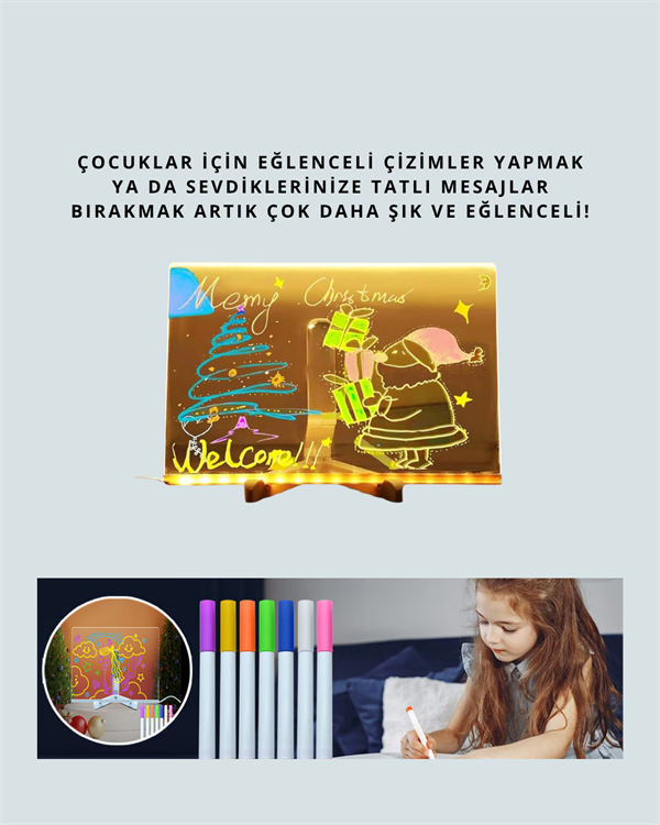 Şık ve Modern LED Pano – Neon Işıklı Silinebilir Akrilik Yazı Tahtası, 7 Renkli Kalem Dahil