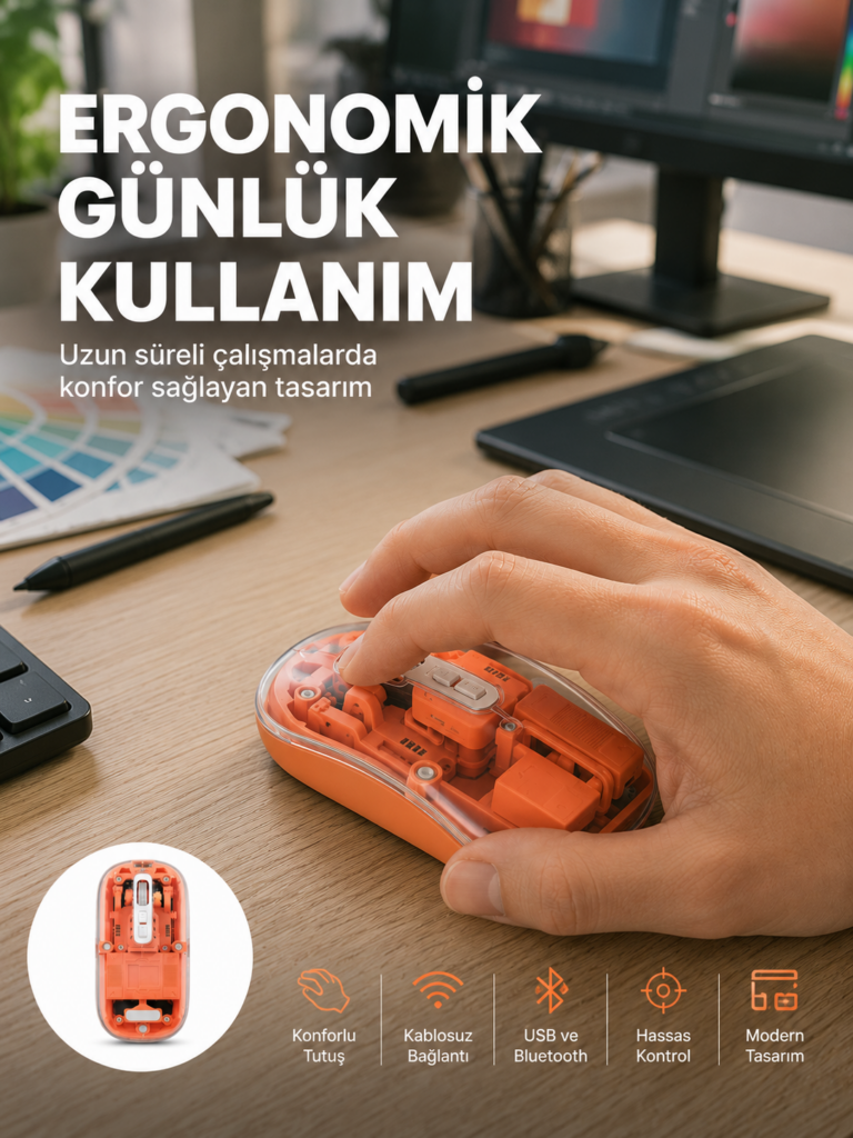 Şeffaf Kablosuz Mouse Bluetooth Bağlantılı Sessiz Tıklama Yeni Nesil