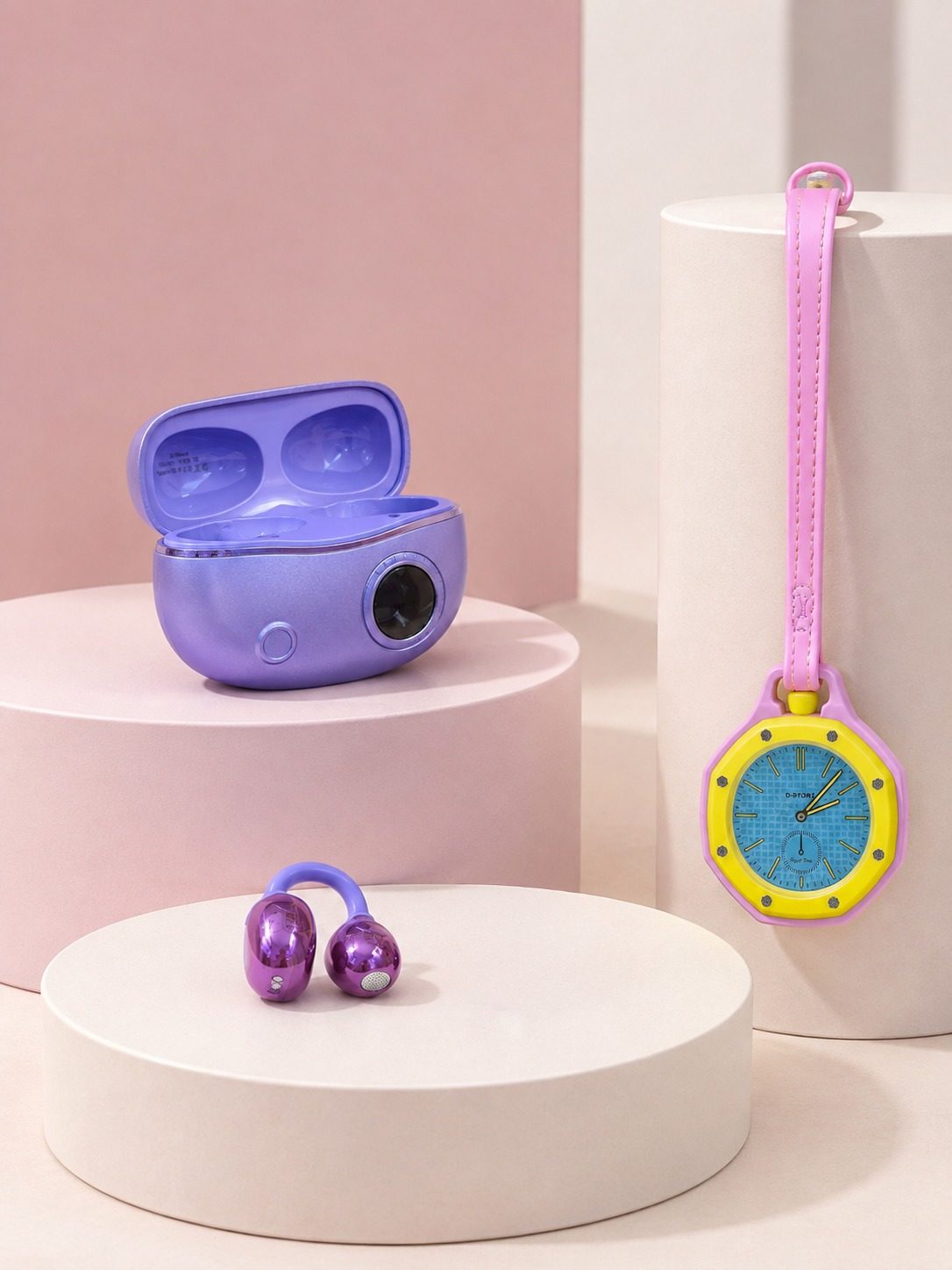 Şarj Kutulu Kablosuz Kulaklık ve Pembe Çanta Charm Analog Saat Seti Müzik ve Aksesuar Bir Arada