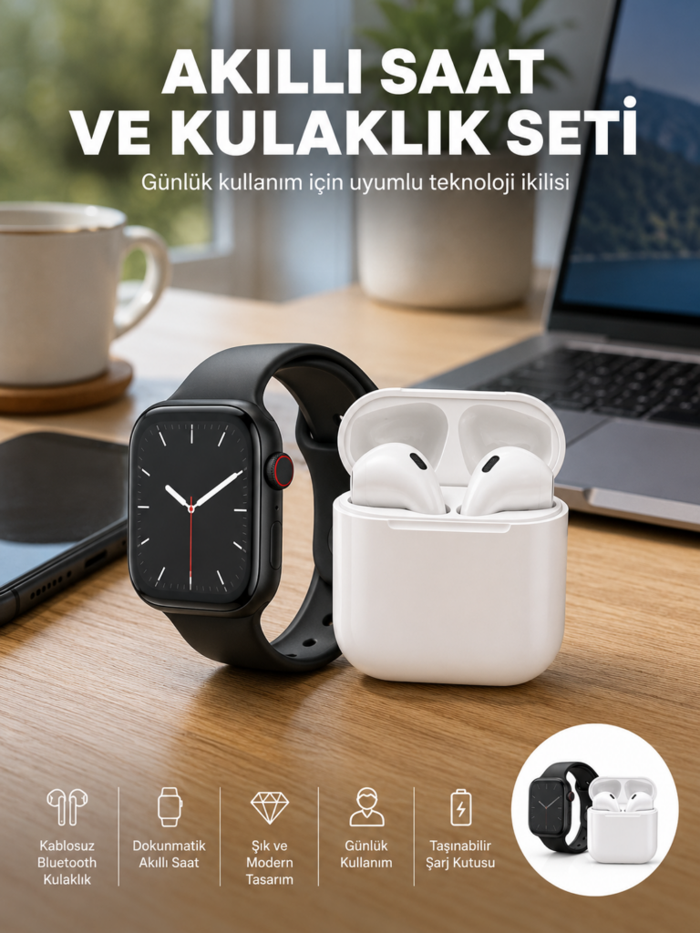 Akıllı Saat Gümüş Kasa Bluetooth Kulaklık Hediyeli Çok Fonksiyonlu İkili Set