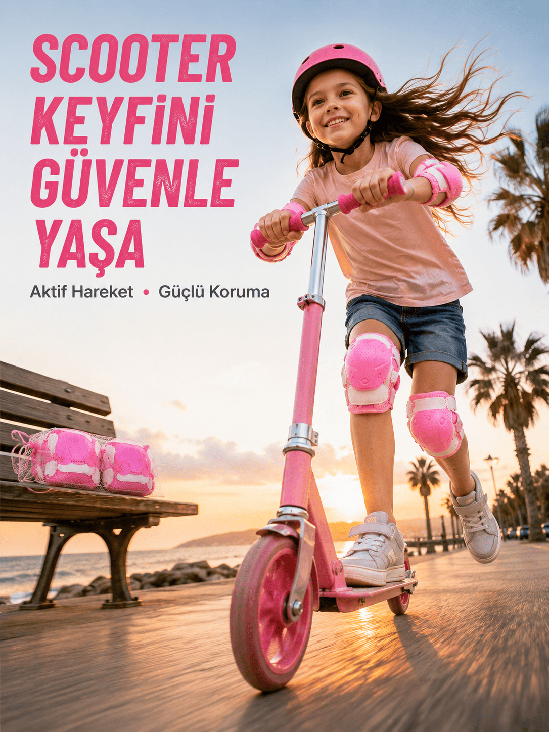 Çocuk Koruyucu Pembe Çocuk Koruyucu Spor Seti Dizlik Dirseklik El Bilek Koruyucu