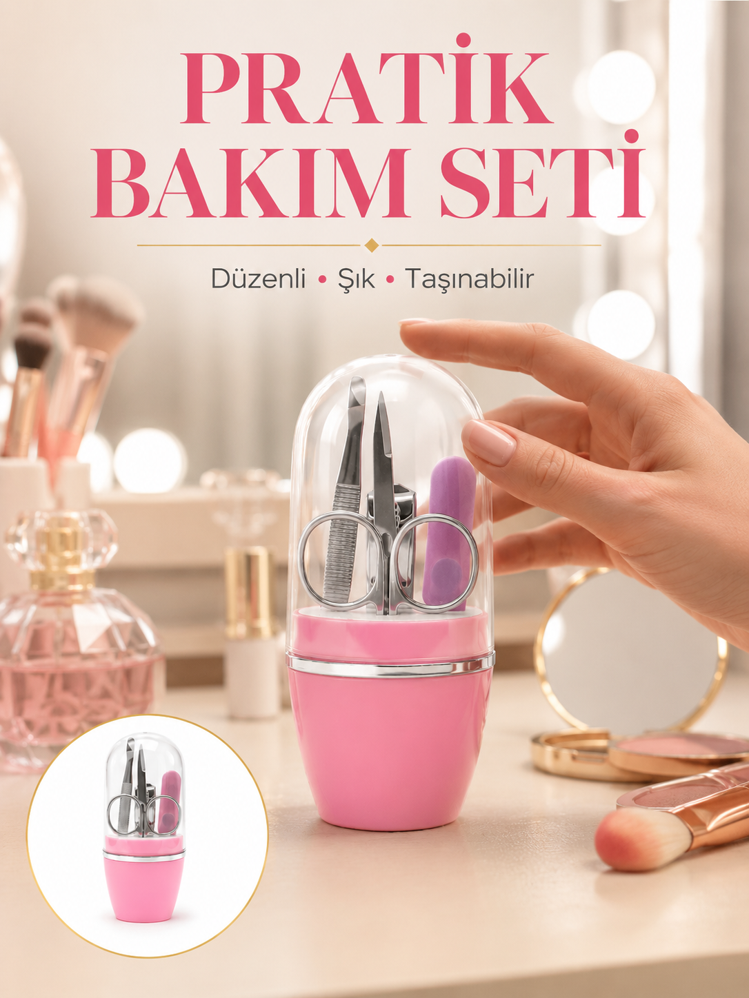 Tırnak Bakım Manikür Pedikür Seti 4 Parça Pembe Ev ve Seyahat Uyumlu Yeni Nesil