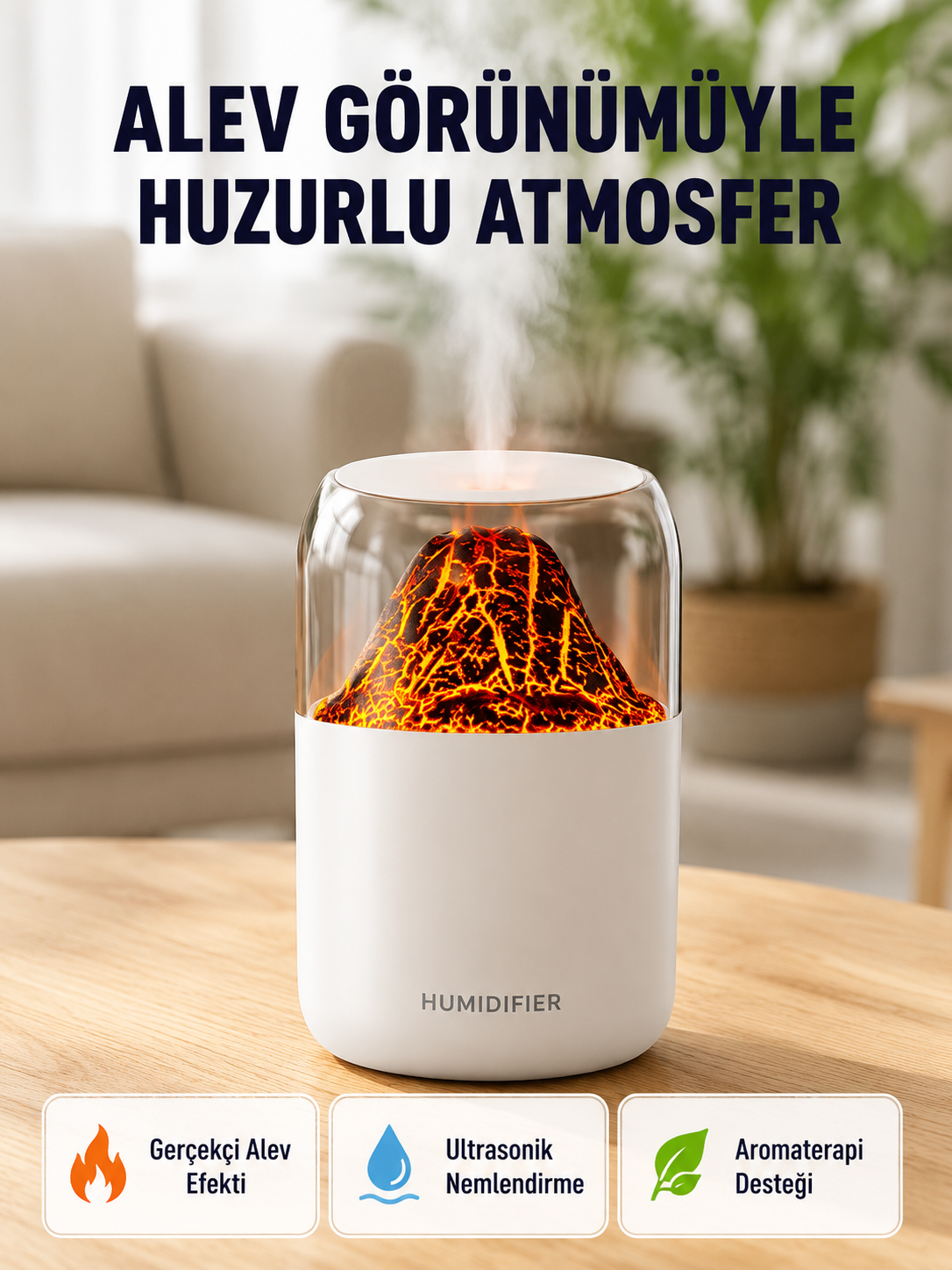 280ml Alev Işıklı Ultrasonik Hava Nemlendirici Sessiz ve USB Şarjlı