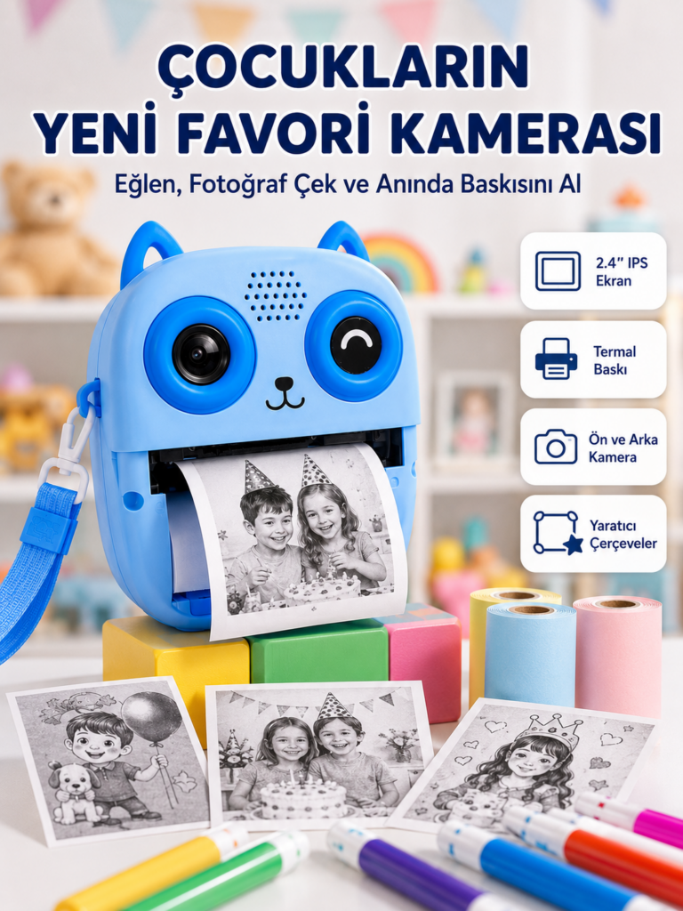 Anında Baskılı Çocuk Fotoğraf Makinesi Termal Yazıcılı Selfie Kamerası