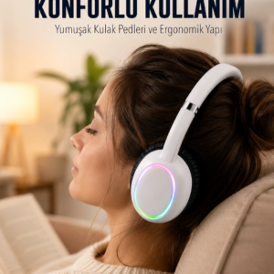 Beyaz Kablosuz Bluetooth Kulaklık Mikrofonlu Ergonomik Kulak Üstü Tasarım