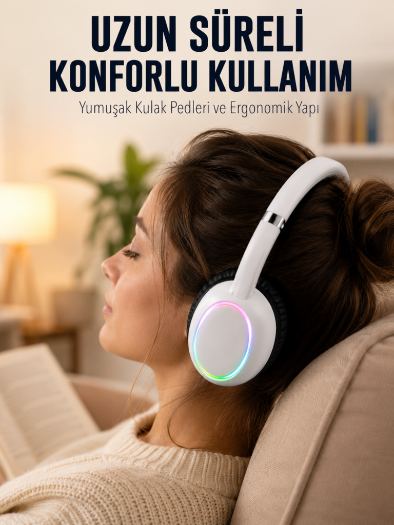 Beyaz Kablosuz Bluetooth Kulaklık Mikrofonlu Ergonomik Kulak Üstü Tasarım