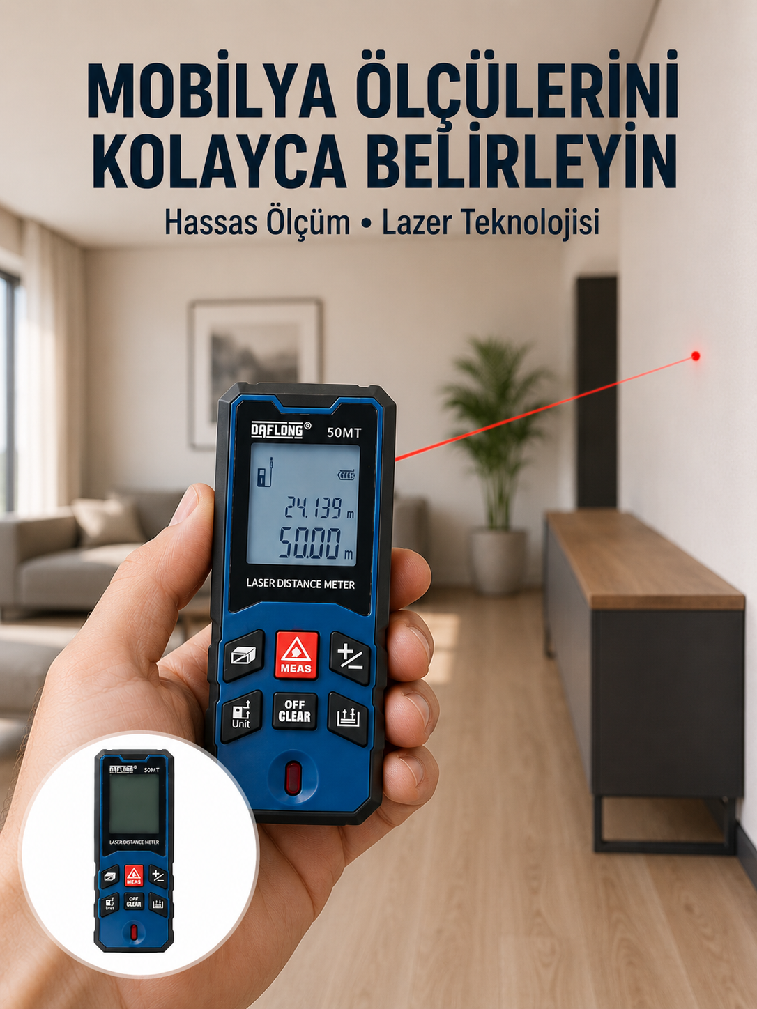 50 Metre Lazer Ölçüm Cihazı Alan ve Mesafe Hesaplama Yeni Nesil